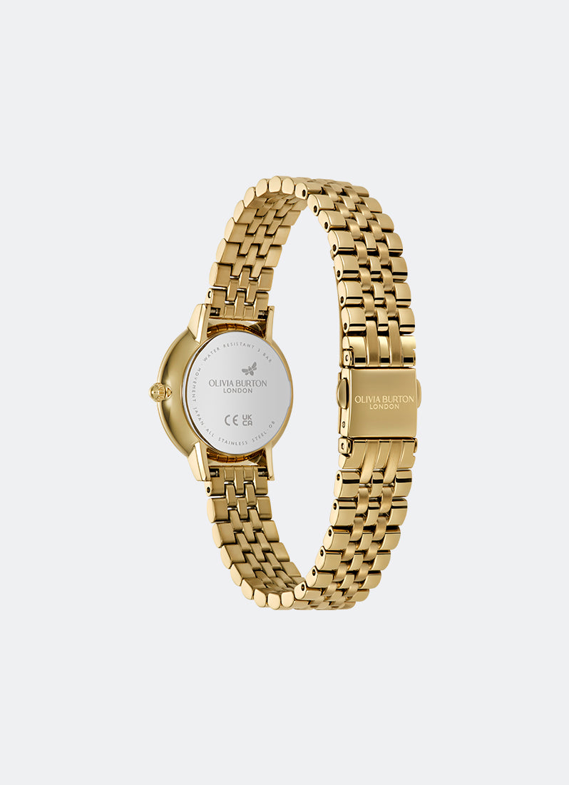 Jam Tangan Olivia Burton Ultra Slim Bee Forest Green Pearlised Dial with Crystal Framed Detail GP 2H 5 Link Bracelet 28 mm - 24000266