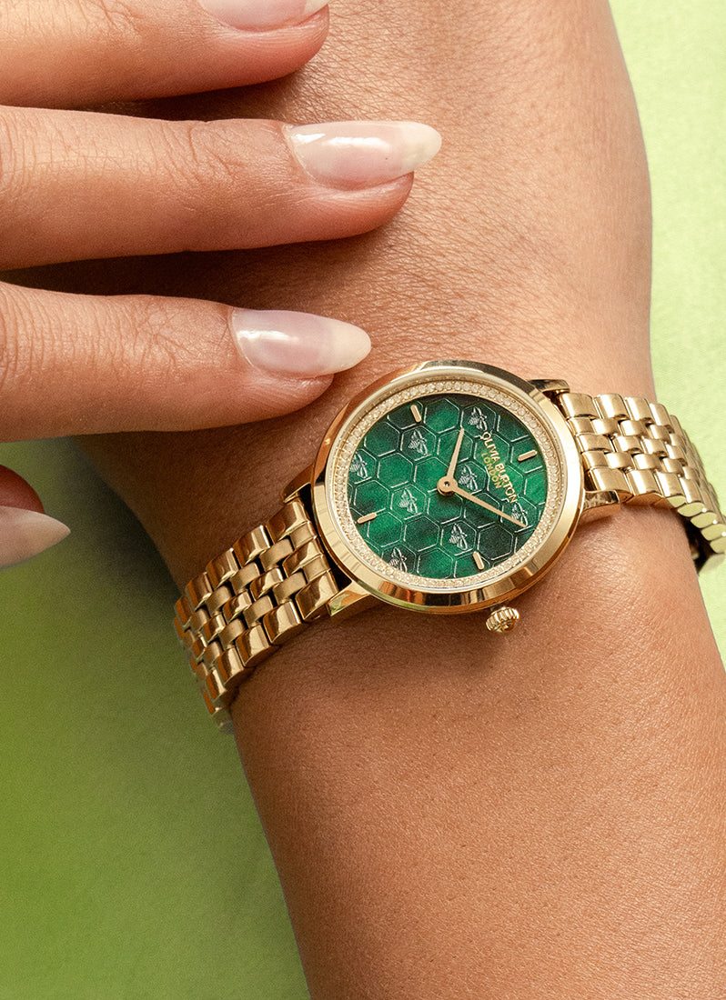 Jam Tangan Olivia Burton Ultra Slim Bee Forest Green Pearlised Dial with Crystal Framed Detail GP 2H 5 Link Bracelet 28 mm - 24000266