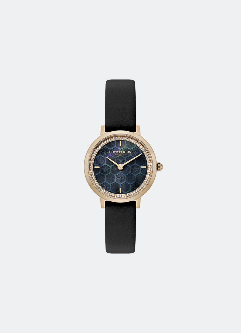 Jam Tangan Olivia Burton Ultra Slim Bee Raven Black Pearlised Dial Black Onyx Leather Strap 28mm - 24000269
