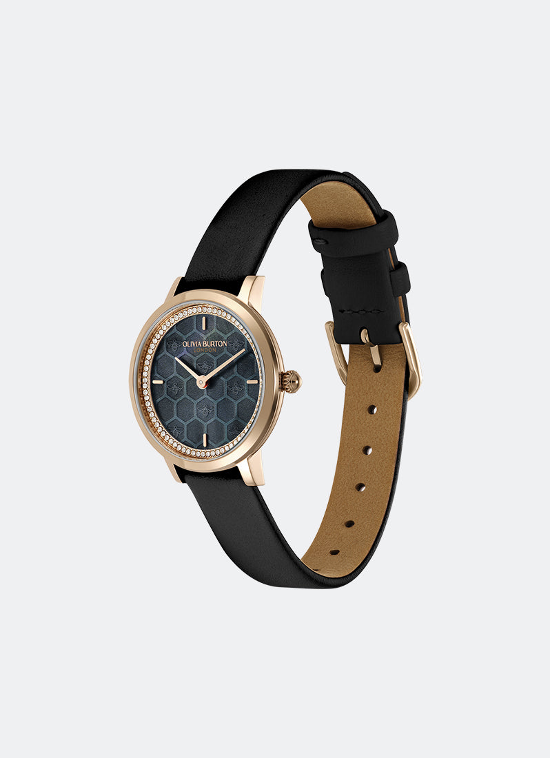 Jam Tangan Olivia Burton Ultra Slim Bee Raven Black Pearlised Dial Black Onyx Leather Strap 28mm - 24000269