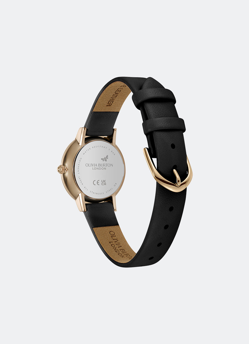 Jam Tangan Olivia Burton Ultra Slim Bee Raven Black Pearlised Dial Black Onyx Leather Strap 28mm - 24000269