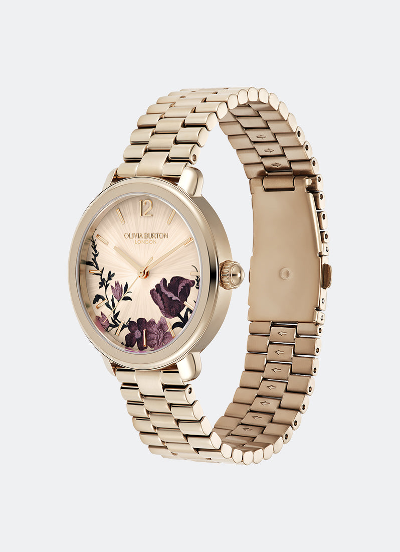 Jam Tangan Olivia Burton Vintage-Inspired Floral Print Primrose Sunray Dial RG 3 Link Bracelet 36mm - 24000207