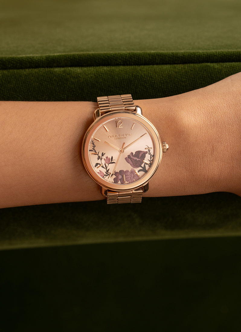 Jam Tangan Olivia Burton Vintage-Inspired Floral Print Primrose Sunray Dial RG 3 Link Bracelet 36mm - 24000207