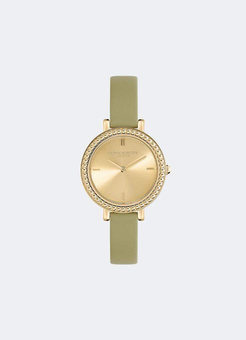 Jam Tangan Olivia Burton Vintage Bead Champagne & Sage Green Leather Strap Watch 30mm - 24000164