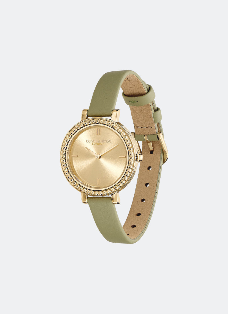 Jam Tangan Olivia Burton Vintage Bead Champagne & Sage Green Leather Strap Watch 30mm - 24000164