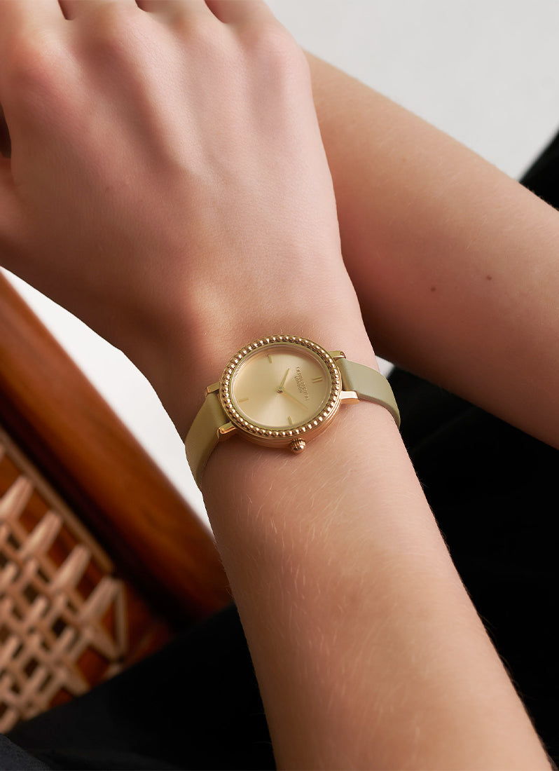 Jam Tangan Olivia Burton Vintage Bead Champagne & Sage Green Leather Strap Watch 30mm - 24000164