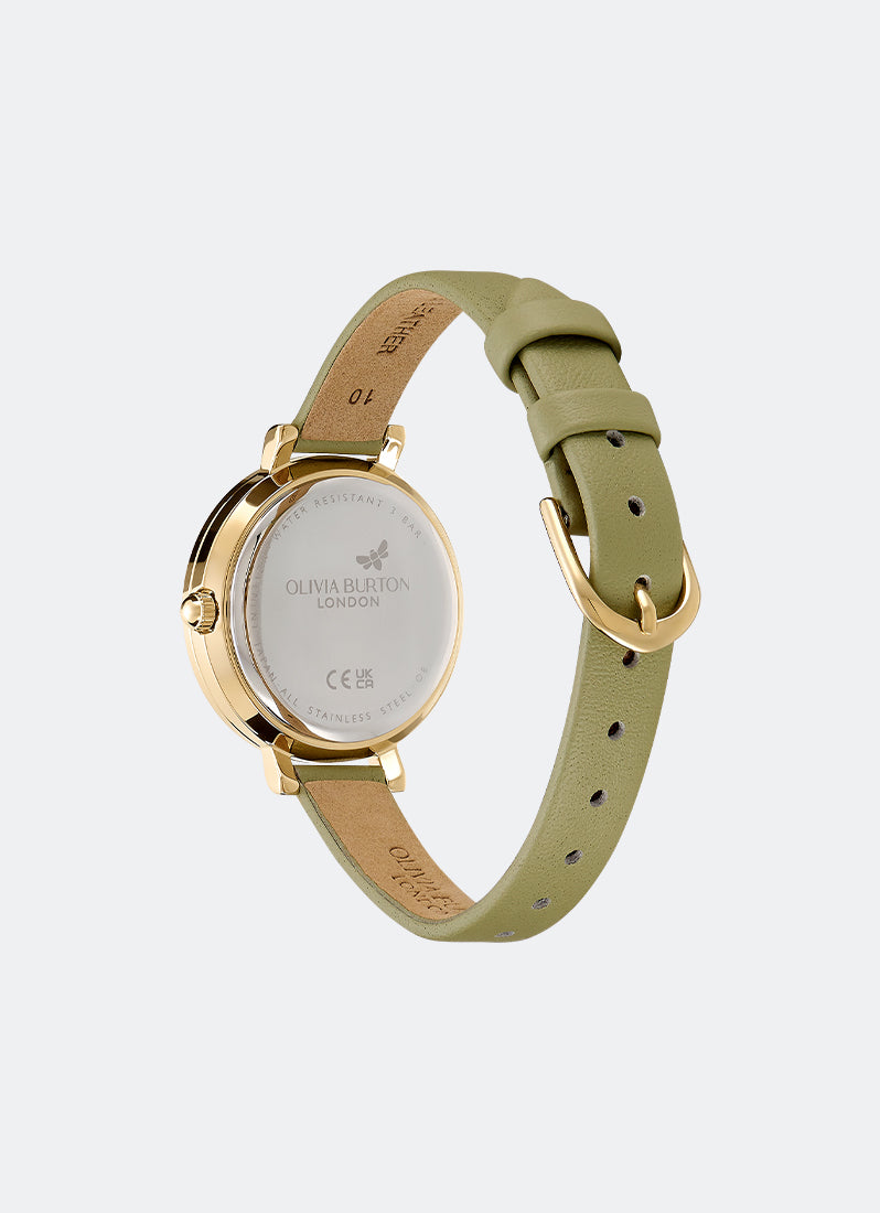 Jam Tangan Olivia Burton Vintage Bead Champagne & Sage Green Leather Strap Watch 30mm - 24000164
