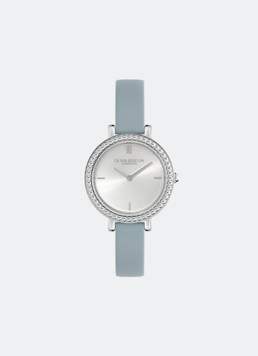 Jam Tangan Olivia Burton Vintage Bead Silver White & Chalk Blue Leather Strap Watch 30mm - 24000163 