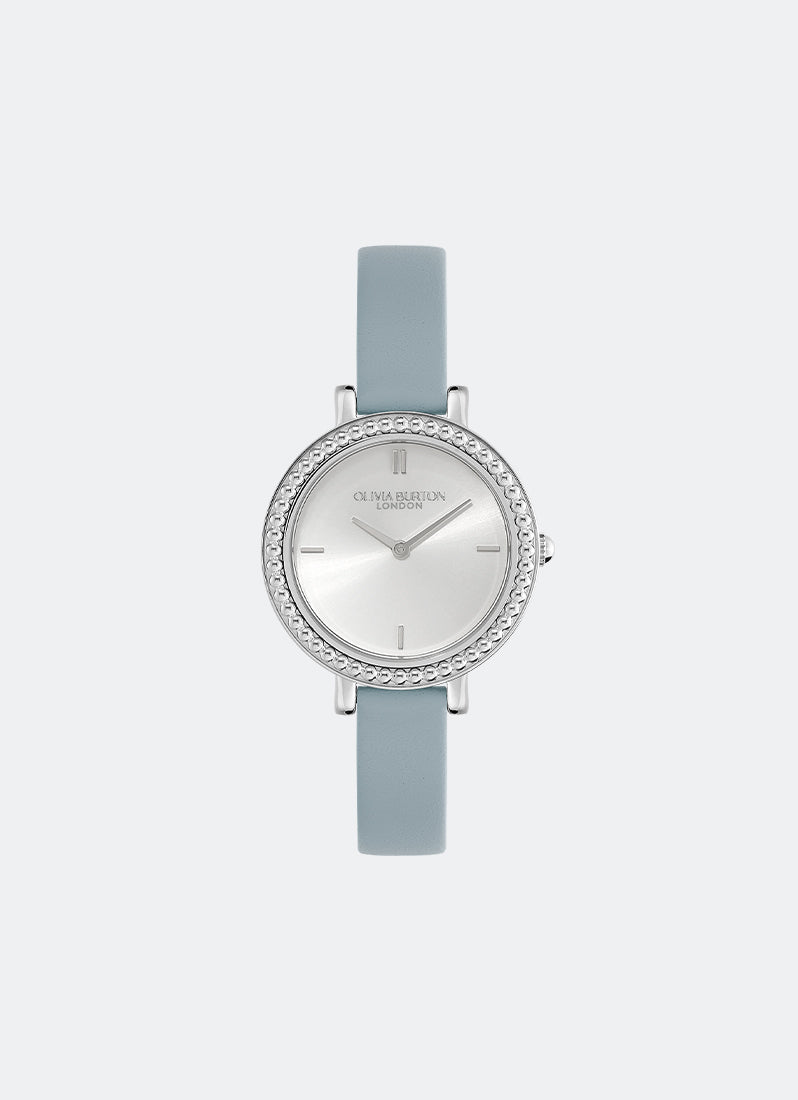 Jam Tangan Olivia Burton Vintage Bead Silver White & Chalk Blue Leather Strap Watch 30mm - 24000163 