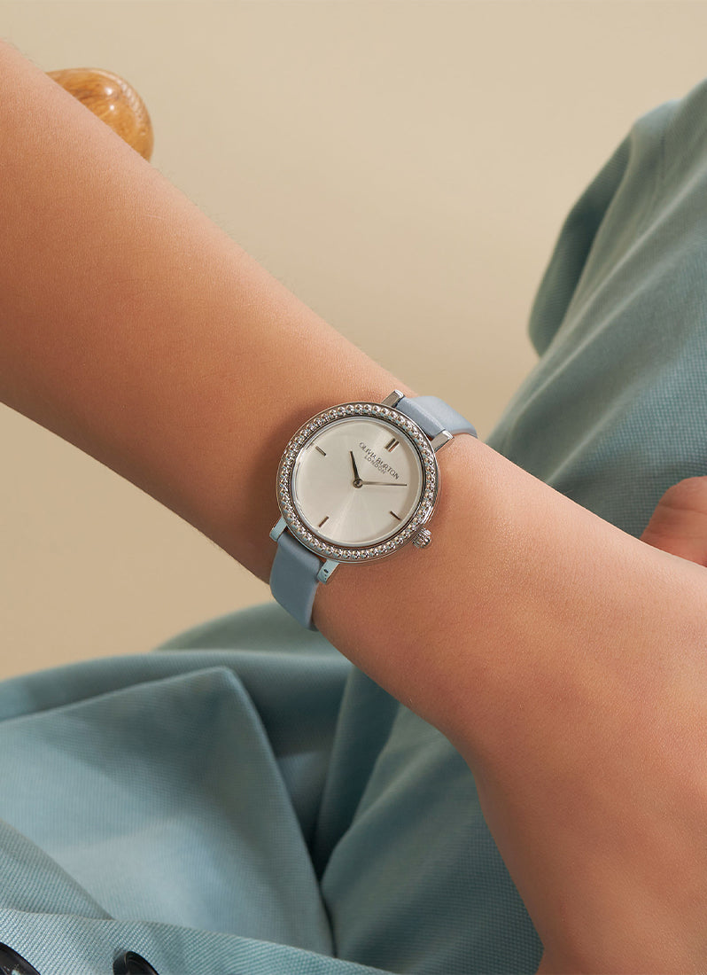 Jam Tangan Olivia Burton Vintage Bead Silver White & Chalk Blue Leather Strap Watch 30mm - 24000163