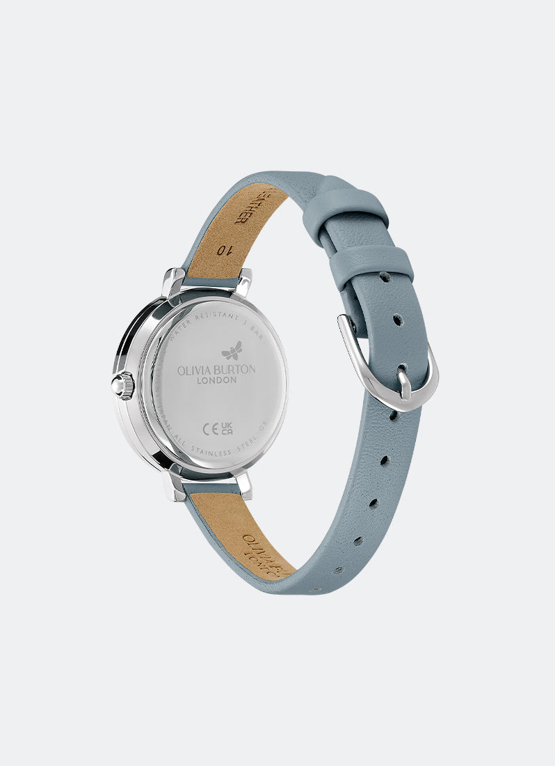 Jam Tangan Olivia Burton Vintage Bead Silver White & Chalk Blue Leather Strap Watch 30mm - 24000163
