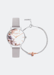 Jam Tangan Olivia Burton Water Color Florals Grey Lilac Leather 30mm & Bracelet Gift Set OBGSET45