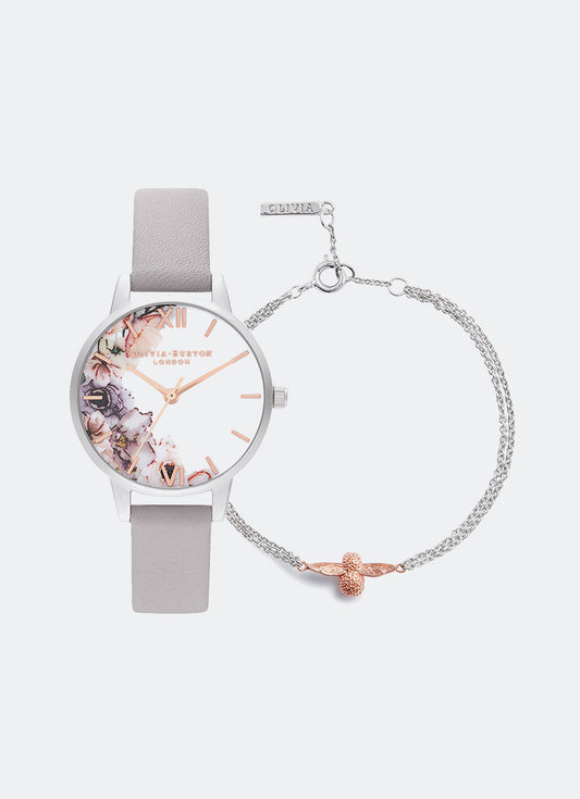 Jam Tangan Olivia Burton Water Color Florals Grey Lilac Leather 30mm & Bracelet Gift Set OBGSET45