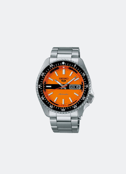 Jam Tangan Seiko 5 Sport Automatic Men Orange Dial Silver Bracelet 42.5mm SRPK11K1