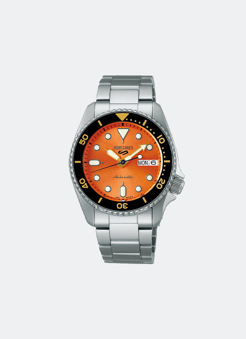 Jam Tangan Seiko 5 Sport Automatic Men Orange Dial Silver Stainless steel 38mm - SRPK35K1