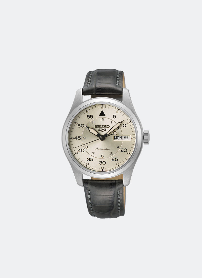 Jam Tangan Seiko 5 Sports Automatic Men Champagne Dial Silver Calfskin 36.4mm - SRPJ87K1