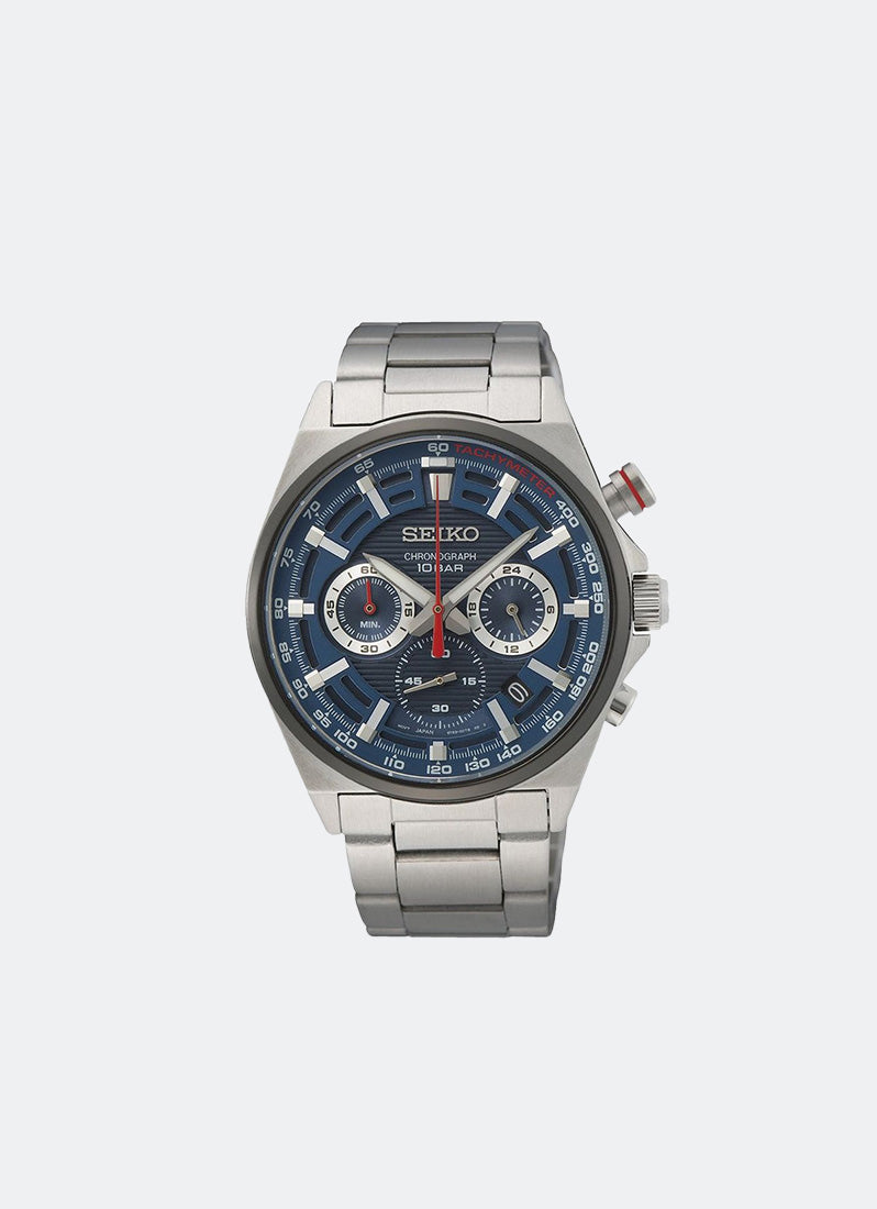 Jam Tangan Seiko Essential Quartz Men Black & Blue Dial Silver Bracelet 41mm SSB407P1