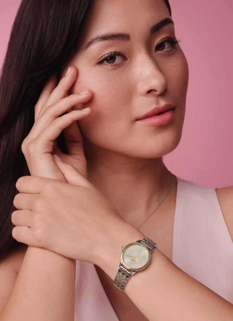 Olivia Burton Modern Classics Westbourne White Sunray Textured Dial, SS/GP Case, Two Tone On Model