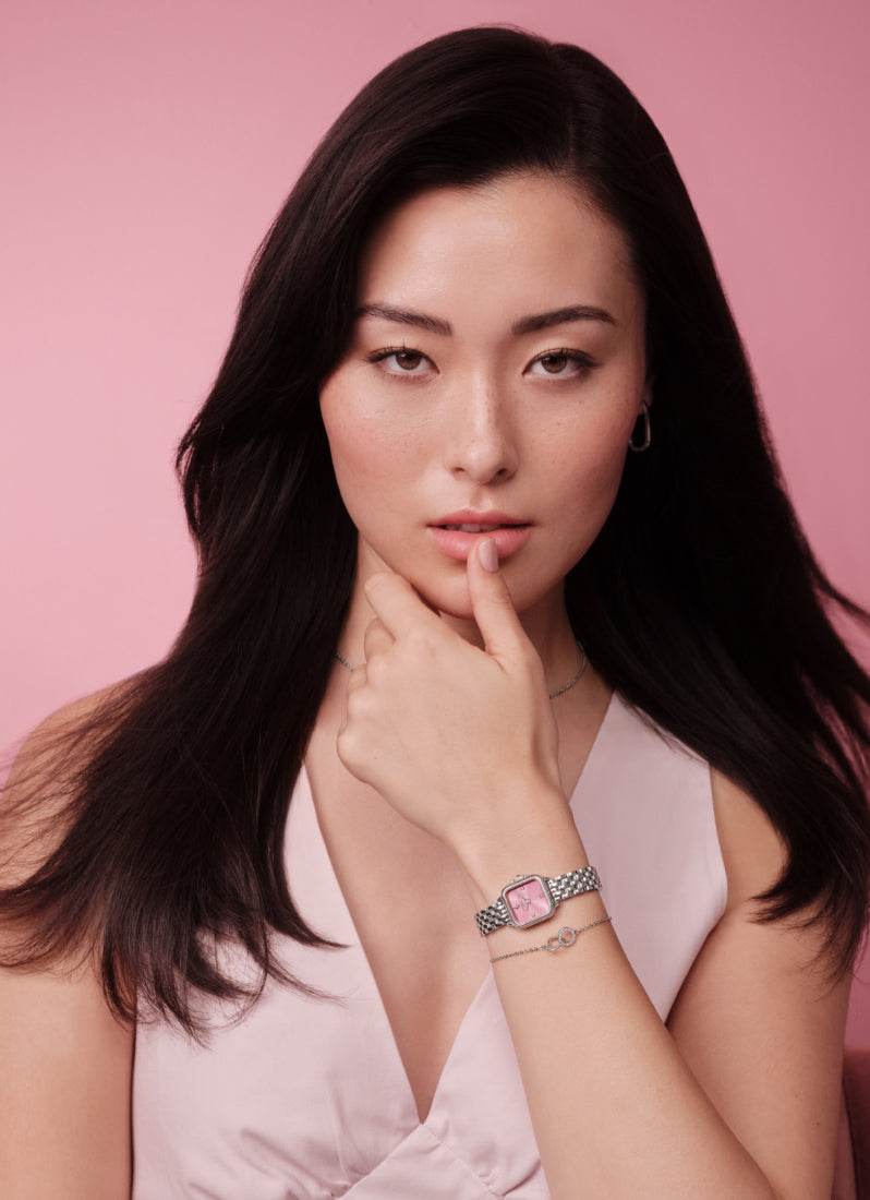 Olivia Burton Modern Classic Mini Grosvenor Pink Frost Rosebud Sunray Dial 20mm On Model