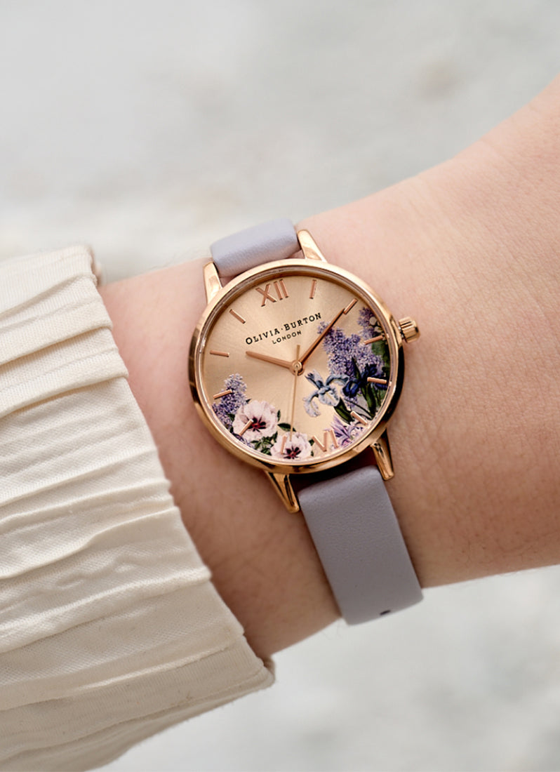 Rose Gold & Lilac Leather Strap Watch 30mm - OB16FS106
