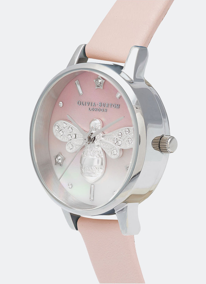 Jam Tangan Olivia Burton Sparkle Bee MOP Silver & Pearl Pink Leather Dial Close Up