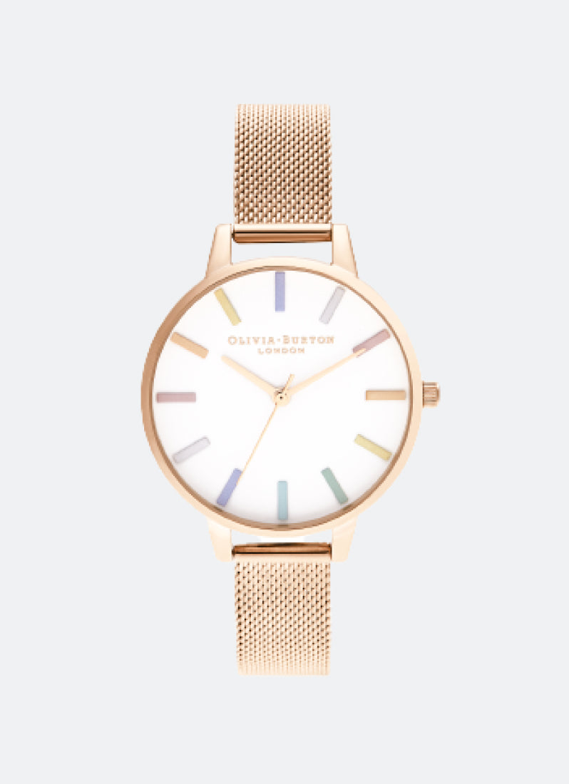Rainbow White Demi Dial Rose Gold Mesh Watch - OB16RB24
