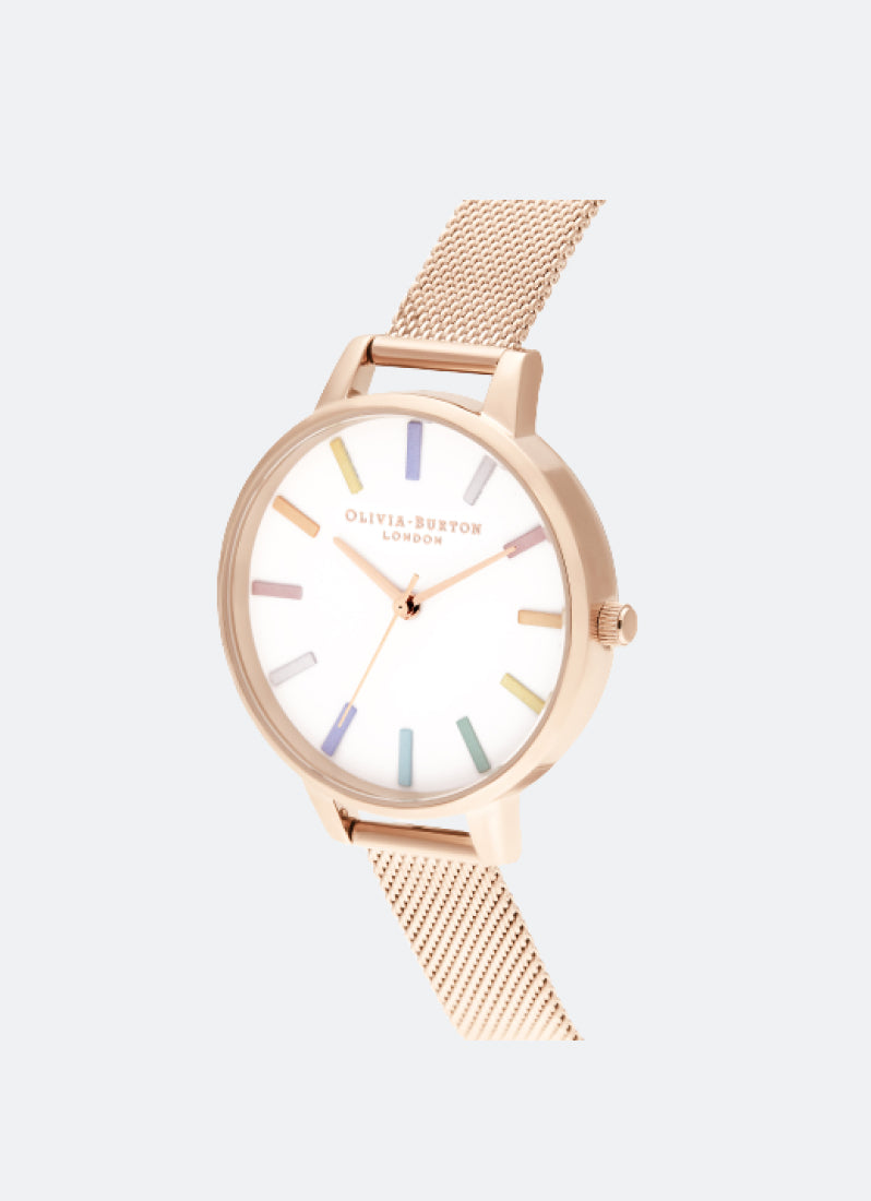 Rainbow White Demi Dial Rose Gold Mesh Watch - OB16RB24