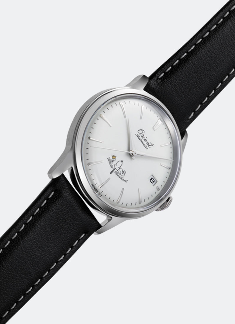 Orient Peanuts Classic Bambino Mechanical White Dial 38.4mm 75th Anniversary Leather Strap Side Angle