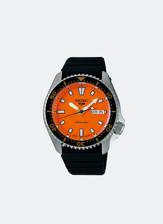 Seiko 5 Sport Automatic Men Orange Dial Silver Silicone 42.5mm SRPL89K1