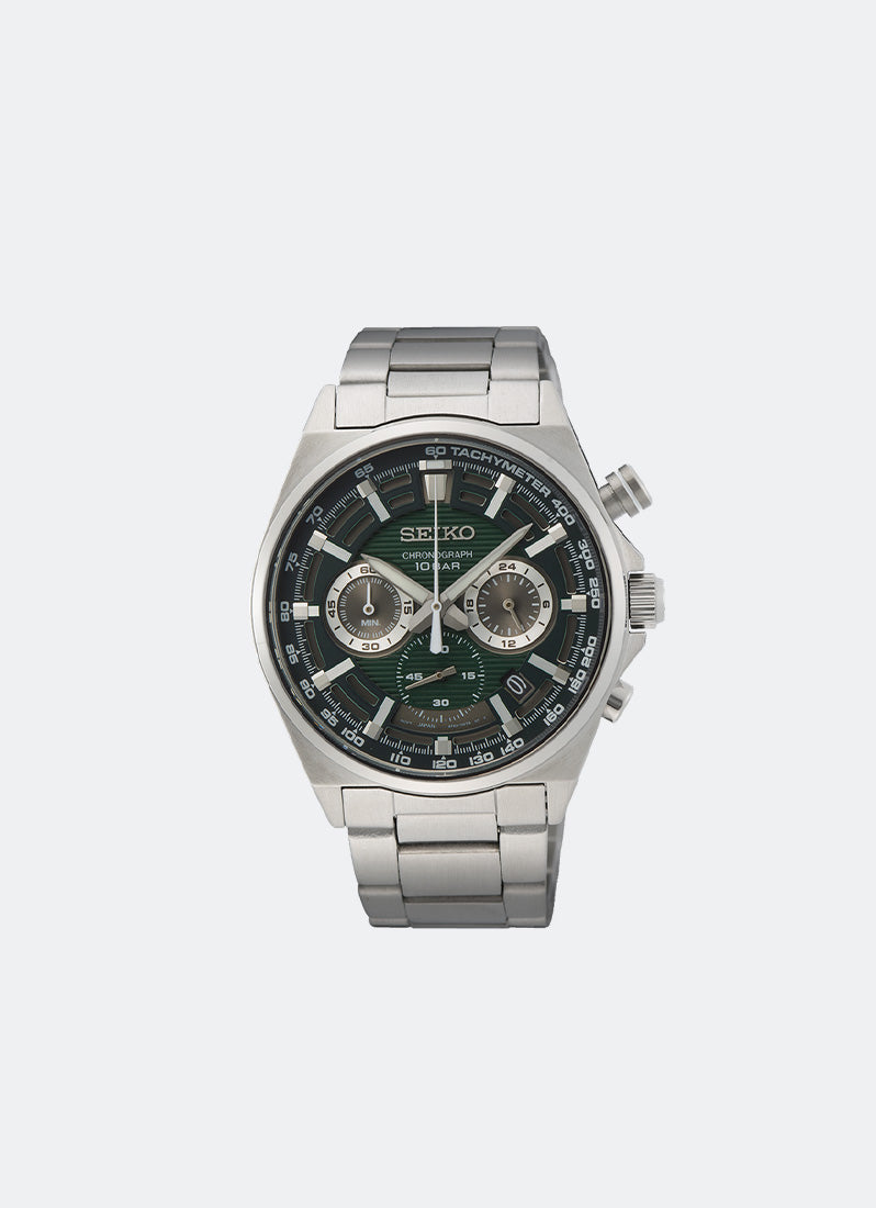 Seiko Essential Quartz Men Green & Black Dial Silver Bracelet 41mm