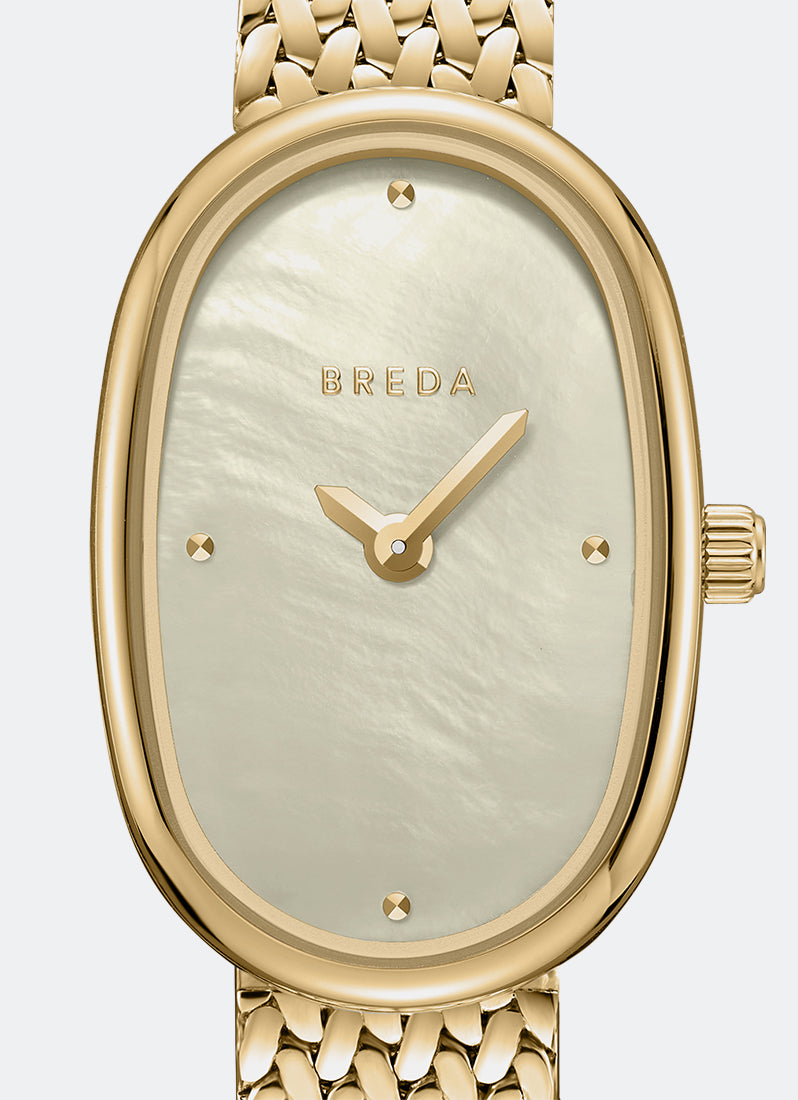 Jam Tangan Breda Jane Tethered Small Champagne MOP Dial Gold Mesh 18 mm Dial Close Up