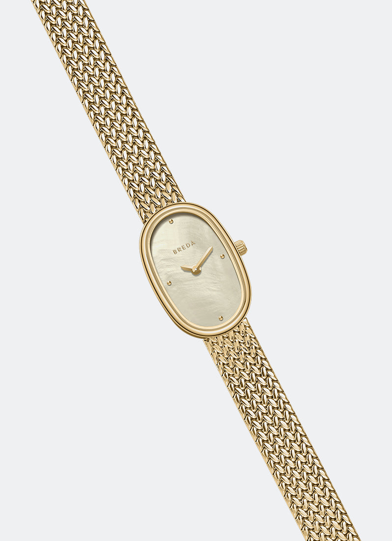 Jam Tangan Breda Jane Tethered Small Champagne MOP Dial Gold Mesh 18 mm Long