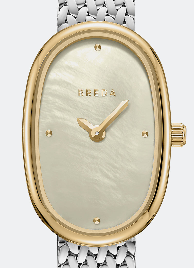 Jam Tangan Breda Jane Tethered Small Champagne MOP Dial Gold Case Silver Mesh 18 mm Angle