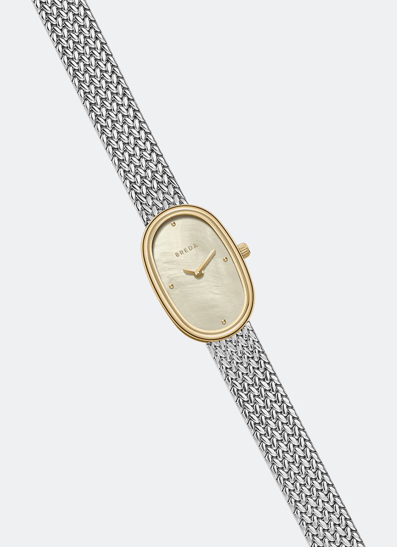 Jam Tangan Breda Jane Tethered Small Champagne MOP Dial Gold Case Silver Mesh 18 mm Long