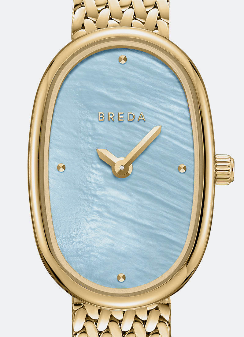 Jam Tangan Breda Jane Tethered Small Sky MOP Dial Gold Mesh 18 mm Dial Close Up