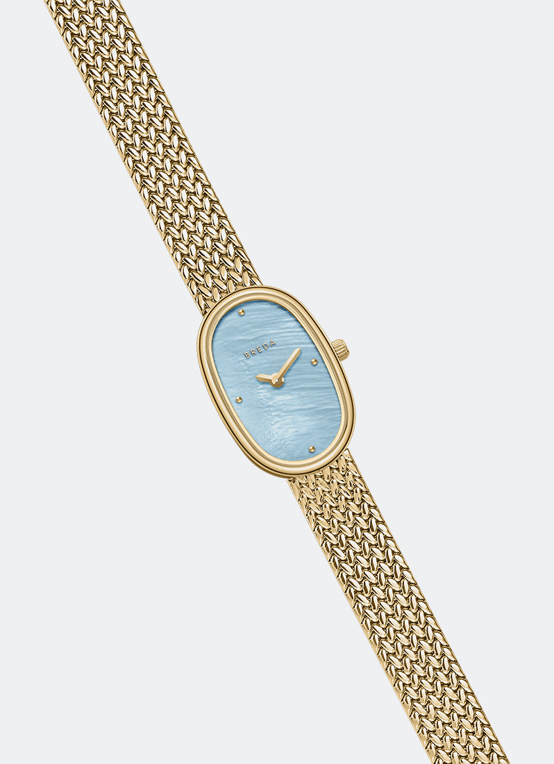 Jam Tangan Breda Jane Tethered Small Sky MOP Dial Gold Mesh 18 mm Long