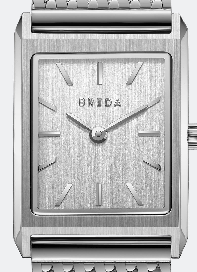 breda virgil tethered stainless steel metal mesh watch front close up
