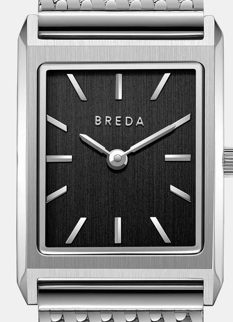 breda virgil tethered stainless steel metal watch mesh dial details