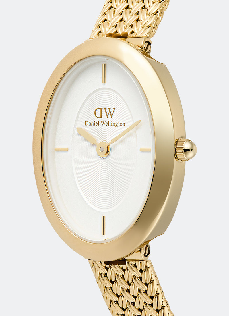 Daniel Wellington Juliette White Braided Mesh Sunray Gold Dial Detail