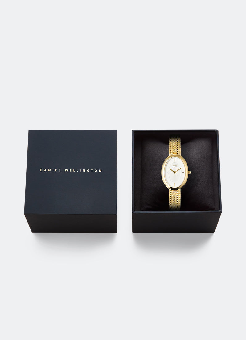 Daniel Wellington Juliette White Braided Mesh Sunray Gold Box