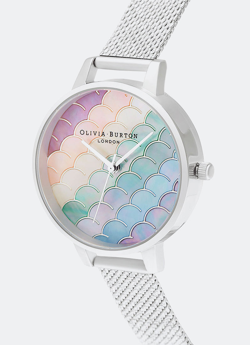 Jam Tangan Olivia Burton Under the Sea Rainbow MOP Silver Mesh 34mm Dial Close Up