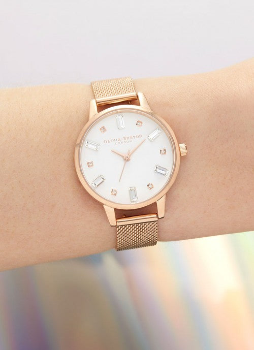 Bejewelled White Midi Dial Rose Gold Mesh - OB16BJ02