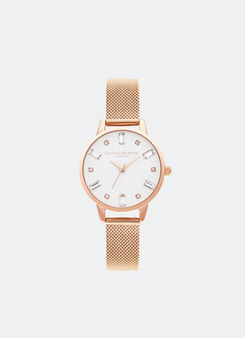 Bejewelled White Midi Dial Rose Gold Mesh - OB16BJ02