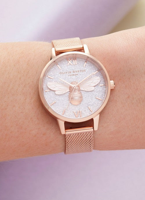 Lucky Bee Midi Glitter Dial & Rose Gold Mesh - OB16FB04