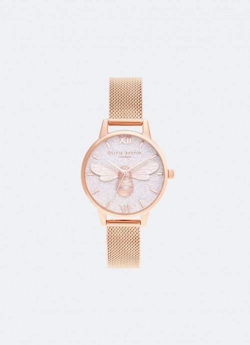 Lucky Bee Midi Glitter Dial & Rose Gold Mesh - OB16FB04