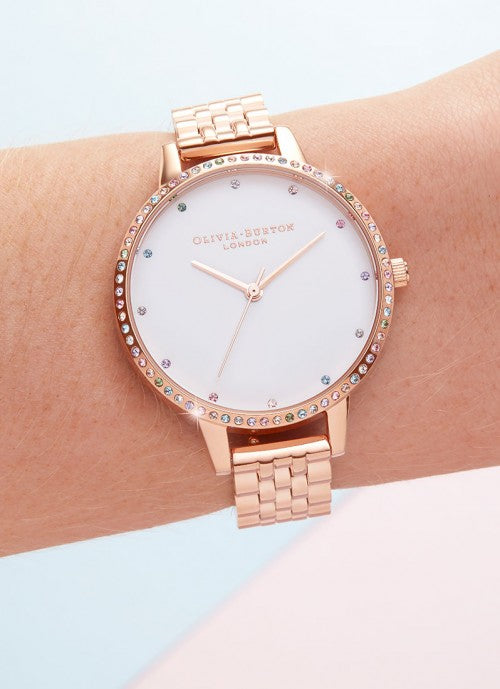 Rainbow Bezel, White Demi Dial & Rose Gold Bracelet - OB16RB21