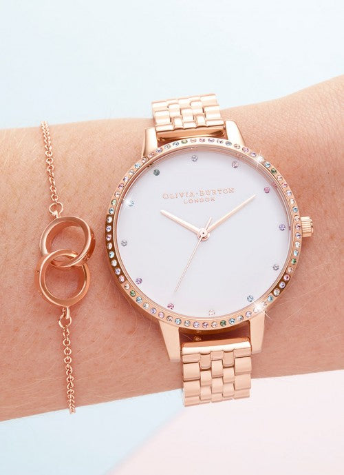 Rainbow Bezel, White Demi Dial & Rose Gold Bracelet - OB16RB21