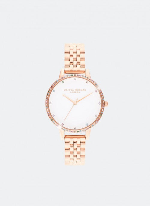 Rainbow Bezel, White Demi Dial & Rose Gold Bracelet - OB16RB21
