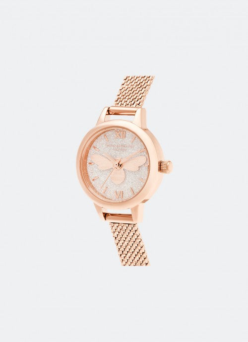 Mini Blush Glitter Dial Lucky Bee Rose Gold Mesh - OB16FB15