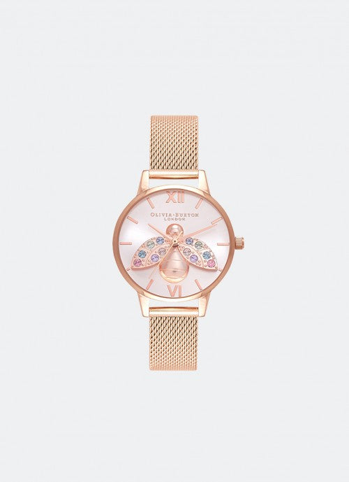 Rainbow 3D Bee Midi Silver Sunray Dial and Rose Gold Mesh - OB16RB28 30MM